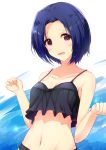  1girl bangs bikini black_bikini blue_hair breasts highres idolmaster looking_at_viewer medium_breasts miura_azusa navel open_mouth parted_bangs red_eyes ro_risu short_hair smile solo swimsuit 