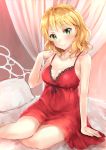 10s 1girl arm_support barefoot bed blonde_hair blush breasts canopy_bed cleavage collarbone commentary_request green_eyes idolmaster idolmaster_cinderella_girls lingerie looking_at_viewer medium_breasts negligee older pillow sakurai_momoka sg_(esujii) short_hair sitting sketch smile solo underwear 