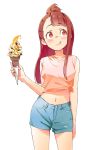  1girl bangs bare_shoulders blunt_bangs blush brown_hair casual cowboy_shot denim denim_shorts food food_on_face highres ice_cream kagari_atsuko licking_lips little_witch_academia long_hair midriff navel red_eyes seren_lwa shirt shorts sidelocks simple_background sleeveless sleeveless_shirt solo tied_shirt tongue tongue_out white_background 