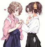  2girls blue_eyes blush brown_eyes brown_hair cowboy_shot eye_contact hakama hand_holding heart japanese_clothes joypyonn looking_at_another meitantei_conan multiple_girls ooka_kouyou open_mouth profile short_hair standing tooyama_kazuha yuri 