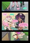 3girls comic crop_top crown dark_skin domino_mask english english_text headphones japanese_clothes kimono marie_(splatoon) marina_(splatoon) mask mole mole_under_eye mole_under_mouth multiple_girls octarian pearl_(splatoon) pointy_ears speech_bubble splatoon splatoon_2 tentacle_hair text umbrella wong_ying_chee