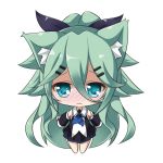  10s 1girl animal_ears aqua_eyes blush cat_ears chibi commentary_request detached_sleeves green_hair hair_between_eyes hair_ornament hair_ribbon hairclip kantai_collection kemonomimi_mode long_hair looking_at_viewer peta_(taleslove596) pleated_skirt ribbon school_uniform serafuku simple_background skirt solo wavy_mouth white_background yamakaze_(kantai_collection) 