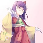  1girl bespectacled capelet cowboy_shot floral_print flower forbidden_scrollery glasses gloves hair_flower hair_ornament hakama hieda_no_akyuu japanese_clothes kimono long_sleeves midorino_eni parted_lips pen purple_hair red-framed_eyewear solo touhou violet_eyes white_gloves wide_sleeves 