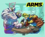  2boys aqua_background arm_wrestling arms_(game) biceps black_gloves bodysuit boxing_gloves clenched_teeth gloves grin helmet highres ishikawa_masaaki logo master_mummy_(arms) max_brass monster_boy multiple_boys mummy nintendo no_pupils official_art simple_background smile table teeth wrestling_outfit 