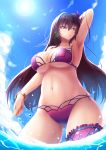  1girl arm_up bikini bracelet breasts cleavage commentary_request fate/grand_order fate_(series) from_below highres jewelry large_breasts long_hair loussier666 navel purple_hair scathach_(fate/grand_order) solo swimsuit under_boob very_long_hair 