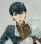  1boy armor black_hair blue_hair character_name copyright_name fire_emblem fire_emblem_echoes:_mou_hitori_no_eiyuuou grey_background male_focus multicolored_hair open_mouth paison portrait recton solo teeth two-tone_hair 