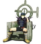  1girl akira bangs belt_buckle bike_shorts black_hair blunt_bangs boots buckle glaring glowing glowing_eyes green_eyes highres jacket_on_shoulders knee_boots original parody poke_ball pokemon polyle short_hair sitting solo spread_legs throne zipper 