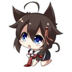  10s 1girl ahoge all_fours animal_ears black_gloves black_hair blue_eyes blush_stickers bow braid cat_ears cat_tail chibi commentary_request gloves hair_bow hair_flaps hair_ornament hair_ribbon kantai_collection kemonomimi_mode long_hair looking_at_viewer open_mouth peta_(taleslove596) pleated_skirt remodel_(kantai_collection) ribbon school_uniform serafuku shigure_(kantai_collection) simple_background single_braid skirt solo tail white_background 