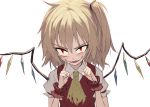  1girl ascot blonde_hair blush fangs fingersmile fkey flandre_scarlet looking_at_viewer puffy_short_sleeves puffy_sleeves red_eyes short_sleeves simple_background solo touhou upper_body vest white_background wings wrist_cuffs 