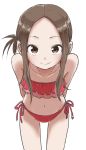  1girl alternate_hairstyle arms_behind_back bare_arms bare_legs bare_shoulders bikini brown_eyes brown_hair closed_mouth collarbone commentary_request cowboy_shot frilled_bikini frills highres karakai_jouzu_no_takagi-san leaning_forward legs_apart looking_at_viewer midriff navel red_bikini short_hair side-tie_bikini side_ponytail simple_background smile solo standing stomach swimsuit takagi-san white_background yamamoto_souichirou 