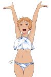  1girl :d armpits arms_up bikini open_mouth orange_eyes orange_hair short_hair smile swimsuit tan tomboy tsukudani_(coke-buta) 