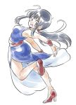  1girl :d bare_arms bare_legs black_eyes black_hair chi-chi_(dragon_ball) chinese_clothes dragon_ball eyebrows_visible_through_hair high_heels long_hair looking_at_viewer looking_back one_leg_raised open_mouth outstretched_arms ponytail simple_background smile solo_focus tkgsize white_background wristband 