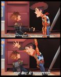  2boys 2koma alternate_form animal_print belt blue_eyes brown_eyes brown_hair comic cow_print cowboy_hat desk electric_socket eye_contact fingerless_gloves gloves hat kingdom_hearts kingdom_hearts_iii looking_at_another multiple_boys open_mouth outstretched_arms pixar scarf sheriff_badge sheriff_woody shouting sora_(kingdom_hearts) spiky_hair subtitled toy toy_story uzucake vest 