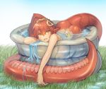  10s absurdres ass day grass hair_ornament highres jewelry lamia leaning_on_object long_hair looking_at_viewer miia_(monster_musume) monster_girl monster_musume_no_iru_nichijou open_mouth outstretched_arm pointy_ears ponytail redhead ring rubber_duck scales sky smile snake_tail sookmo wading_pool water wedding_band yellow_eyes 