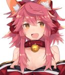  1girl animal_ears bad_id bad_pixiv_id bell bell_collar breasts cleavage collar fangs fate/grand_order fate_(series) fox_ears hair_ribbon large_breasts long_hair looking_at_viewer open_mouth pink_hair ribbon simple_background solo tamamo_(fate)_(all) tamamo_cat_(fate) white_background yata_(15527023) yellow_eyes 