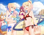 5girls :d absurdres ahoge animal_ears artoria_pendragon_(all) artoria_pendragon_(swimsuit_archer) beach bikini blonde_hair blue_ribbon blue_sky breasts closed_mouth clouds cloudy_sky criss-cross_halter day fang fate/grand_order fate_(series) fox_ears fox_tail green_eyes hair_bun hair_ribbon halterneck hat highres holding innertube large_breasts mash_kyrielight medium_breasts mordred_(fate)_(all) mordred_(swimsuit_rider)_(fate) multiple_girls navel ocean open_mouth outstretched_hand pink_hair purple_bikini purple_hair red_bikini red_eyes ribbon saber scathach_(fate)_(all) scathach_(swimsuit_assassin)_(fate) shirt side-tie_bikini sidelocks sitting sky small_breasts smile standing sun_hat surfboard swimsuit tail tamamo_(fate)_(all) tamamo_no_mae_(swimsuit_lancer)_(fate) violet_eyes water_gun wet wet_clothes wet_shirt white_bikini yellow_eyes yorukun 