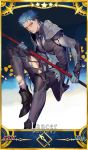  1boy armor blue_hair bodysuit cosplay earrings fate/grand_order fate/stay_night fate_(series) jewelry lancer male_focus pauldrons polearm red_eyes rei_(sanbonzakura) scathach_(fate/grand_order) scathach_(fate/grand_order)_(cosplay) solo spear torn_legwear weapon 