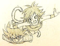  1boy 1girl :d annoyed armor bardock black_eyes couple dragon_ball eyebrows_visible_through_hair flying gine happy looking_at_another monochrome open_mouth outstretched_arms scar serious short_hair simple_background smile spiky_hair sweatdrop tail tkgsize traditional_media wristband 