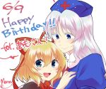  2girls :d bangs birthday blonde_hair blue_eyes blush bow commentary_request dated hair_between_eyes hair_bow hand_on_another&#039;s_shoulder hat looking_at_another looking_at_viewer mana_(gooney) medicine_melancholy multiple_girls nurse_cap open_mouth signature silver_hair simple_background smile text touhou white_background yagokoro_eirin 