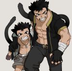  2boys angry animal_ears bare_chest black_gloves black_hair brothers cat_ears cat_tail catboy clenched_hand clenched_teeth dog_tags fingerless_gloves fingernails gloves grey_background jewelry male_focus multiple_boys necklace original sharp_fingernails short_hair shorts siblings simple_background st05254 tail teeth 