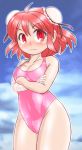  1girl bandage bandaged_arm breasts bun_cover cleavage cowboy_shot crossed_arms double_bun hair_bun ibaraki_kasen looking_at_viewer one-piece_swimsuit pink_hair pink_swimsuit red_eyes short_hair solo swimsuit touhou wavy_mouth winn 