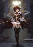  1girl absurdres ahoge armor armored_dress artist_name bangs black_dress blue_eyes breasts brown_hair dress erika_(shadowverse) eyebrows_visible_through_hair full_body gauntlets highres holding holding_sword holding_weapon large_breasts long_sleeves looking_away parted_lips shadowverse short_hair standing sword thigh-highs weapon xiaoxiao zettai_ryouiki 