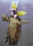  1girl absurdres animal animal_ears bird bird_wings blonde_hair bubble child collar doitsuken flat_chest flippers fox_ears fox_girl fox_tail from_side highres multiple_tails original oversized_animal owl oxygen_tank pointing pointing_forward rebreather reins riding swimsuit tail underwater wings yellow_eyes yellow_fur 