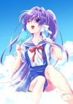  1girl barefoot clannad clouds food fujibayashi_kyou hair_ribbon long_hair looking_up neck_ribbon one_eye_closed ponytail popsicle purple_hair red_ribbon ribbon satomi_yoshitaka school_uniform serafuku sitting sky solo violet_eyes white_ribbon white_sailor_collar 