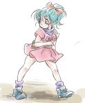  1girl bare_legs belt blue_eyes blue_hair blue_shoes bulma dragon_ball dress eyebrows_visible_through_hair looking_away looking_back pink_dress ponytail purple_scarf ribbon scarf shoes short_hair simple_background socks solo_focus tied_hair tkgsize walking white_background 