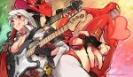  2girls :q ahoge ankh back-to-back bass_guitar black_gloves black_hair boots breasts cleavage colored commentary detached_sleeves electric_guitar fingerless_gloves gloves green_eyes guilty_gear guilty_gear_xrd guitar hat i-no instrument jack-o_(guilty_gear) jacket jewelry kenshin187 lipstick long_hair looking_at_viewer makeup medium_breasts mole_above_mouth multicolored_hair multiple_girls music no_bra outstretched_hand pendant playing_instrument red_eyes red_jacket redhead short_hair silver_hair thigh-highs thigh_boots tongue tongue_out two-tone_hair witch_hat 