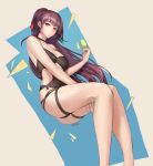  1girl artist_name bangs bare_legs bare_shoulders blunt_bangs breasts choker cleavage closed_mouth food from_side girls_frontline hair_ribbon highres large_breasts long_hair looking_at_viewer looking_to_the_side monaim popsicle purple_hair red_eyes red_ribbon ribbon solo very_long_hair wa2000_(girls_frontline) 