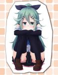  10s 1girl absurdres black_legwear blue_hair detached_sleeves green_eyes hair_ornament hair_ribbon hairclip highres kantai_collection long_hair rain_yadori ribbon sitting solo thigh-highs thighs very_long_hair yamakaze_(kantai_collection) 