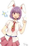  alternate_hair_length alternate_hairstyle animal_ears carrot chinako1075 commentary_request highres necktie one_eye_closed rabbit_ears red_eyes reisen_udongein_inaba short_hair signature skirt tie_clip touhou 
