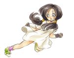  1girl :o black_hair blue_eyes dragon_ball dragonball_z eyebrows_visible_through_hair flying gloves green_shoes long_hair looking_away open_mouth shirt shoes simple_background socks solo_focus tkgsize twintails videl white_background white_shirt 