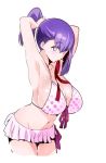  1girl adjusting_hair armpits arms_up bikini blush breasts fate/stay_night fate_(series) hair_ribbon large_breasts long_hair matou_sakura navel pink_bikini polka_dot polka_dot_bikini ponytail purple_hair ribbon simple_background solo swimsuit tsukamori_shuuji violet_eyes wet white_background 