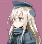  10s 1girl blonde_hair blue_eyes blush commentary_request garrison_cap hat kantai_collection long_hair looking_away purple_background solo suka twitter_username u-511_(kantai_collection) upper_body 