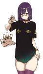  1girl ankh bangs black_shirt bracelet brown_eyes camisole collar cowboy_shot egyptian eyebrows_visible_through_hair fashion fingernails glasses highres houtengeki jewelry looking_at_viewer nail_art nail_polish original purple_hair purple_legwear shirt short_hair simple_background standing t-shirt thigh-highs thighs white_background 