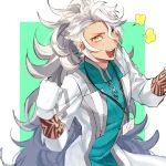  1boy alternate_hairstyle clenched_hand cosplay fate/grand_order fate_(series) gloves green_background hosiume-sukonnbu labcoat lanyard looking_at_viewer male_focus ponytail rectangle romani_akiman romani_akiman_(cosplay) simple_background smile solo solomon_(fate/grand_order) tattoo upper_body white_gloves white_hair 