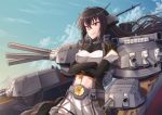  10s 1girl black_gloves black_hair clouds cloudy_sky commentary_request crossed_arms gloves headgear kantai_collection long_hair looking_at_viewer machinery mizunashi_hayate nagato_(kantai_collection) navel pleated_skirt red_eyes skirt sky smile solo turret twilight wind 