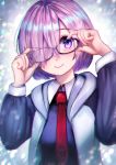  1girl adjusting_glasses chromatic_aberration commentary_request fate/grand_order fate_(series) glasses hair_over_one_eye hood hoodie long_sleeves looking_at_viewer necktie purple-framed_eyewear purple_hair red_necktie shielder_(fate/grand_order) shiny shiny_hair short_hair smile solo tomu_(zundaizu106) upper_body violet_eyes 