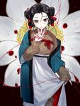  1girl black_hair brown_eyes chinese_clothes duijin_ruqun earrings flower hair_ribbon hand_up hanfu highres jewelry long_skirt long_sleeves looking_at_viewer red_ribbon ribbon short_hair shuangyaji skirt smile solo string string_of_fate white_skirt yellow_flower 