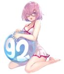  1girl ball bare_arms bare_legs blush breasts cleavage collarbone comiket_92 dress fate/grand_order fate_(series) full_body glasses holding holding_ball kneeling looking_at_viewer medium_breasts open_mouth pink_hair see-through shielder_(fate/grand_order) shirabi short_hair simple_background violet_eyes white_background white_dress 