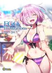  1girl bikini blush breasts cleavage closed_eyes cover cover_page doujin_cover dragging facing_viewer fate/grand_order fate_(series) front-tie_top hair_over_one_eye happy medium_breasts multicolored multicolored_bikini multicolored_clothes navel open_mouth pov purple_hair redrop shielder_(fate/grand_order) short_hair side-tie_bikini solo striped striped_bikini swimsuit 