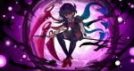  1girl asuku_(69-1-31) asymmetrical_wings black_dress black_hair black_legwear bow bowtie commentary_request dress full_body hair_over_one_eye high_heels highres holding holding_weapon houjuu_nue looking_at_viewer polearm red_bow red_bowtie red_eyes red_shoes shoe_bow shoes short_dress short_sleeves smile snake solo thigh-highs touhou trident weapon wings wrist_cuffs 