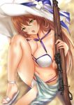  1girl artist_request bikini blush breasts brown_hair cleavage girls_frontline green_eyes gun hat large_breasts long_hair looking_at_viewer m1903_springfield m1903_springfield_(girls_frontline) open_mouth rifle sarong sitting solo sun_hat swimsuit torn_bikini wardrobe_malfunction weapon 