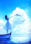  1girl akagi_shun arms_up bird black_eyes black_hair boat clouds day dress from_side long_hair looking_away looking_up medium_hair original outdoors seagull see-through signature sky smile solo standing translucent_dress water watercraft waves white_dress 