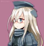  10s 1girl bespectacled blonde_hair blue_eyes blush commentary garrison_cap glasses hat kantai_collection long_hair looking_away parted_lips purple_background red-framed_eyewear solo suka twitter_username u-511_(kantai_collection) upper_body 