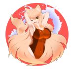  1girl absurdres animal_ears blonde_hair blush breasts cleavage fang fate/extra fate/extra_ccc fate/extra_ccc_fox_tail fate/grand_order fate_(series) fox_ears fox_tail highres large_breasts long_hair looking_at_viewer one_eye_closed open_mouth saber_(fate/extra_ccc_fox_tail) smile solo swimsuit tail yellow_eyes 