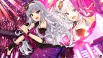  1girl :d bare_shoulders black_gloves blush breasts dress gloves glowstick hairband highres idolmaster idolmaster_million_live! long_hair microphone open_mouth shijou_takane silver_hair single_glove smile solo tuxedo_de_cat violet_eyes 
