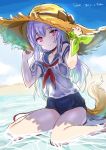  1girl beach clouds dog_tail elin_(tera) emily_(pure_dream) hands_on_headwear hat highres legs long_hair one-piece_swimsuit outdoors purple_hair ribbon school_swimsuit school_uniform see-through serafuku shirt shoes sitting sketch sky smile solo sun_hat swimsuit swimsuit_under_clothes tail tera_online violet_eyes water wet wet_clothes wet_shirt wrist_ribbon 